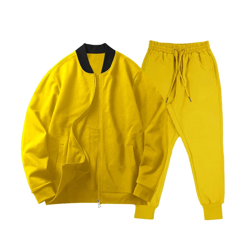 Men's Solid Stand-Collar Zip Jacket and Pants Set