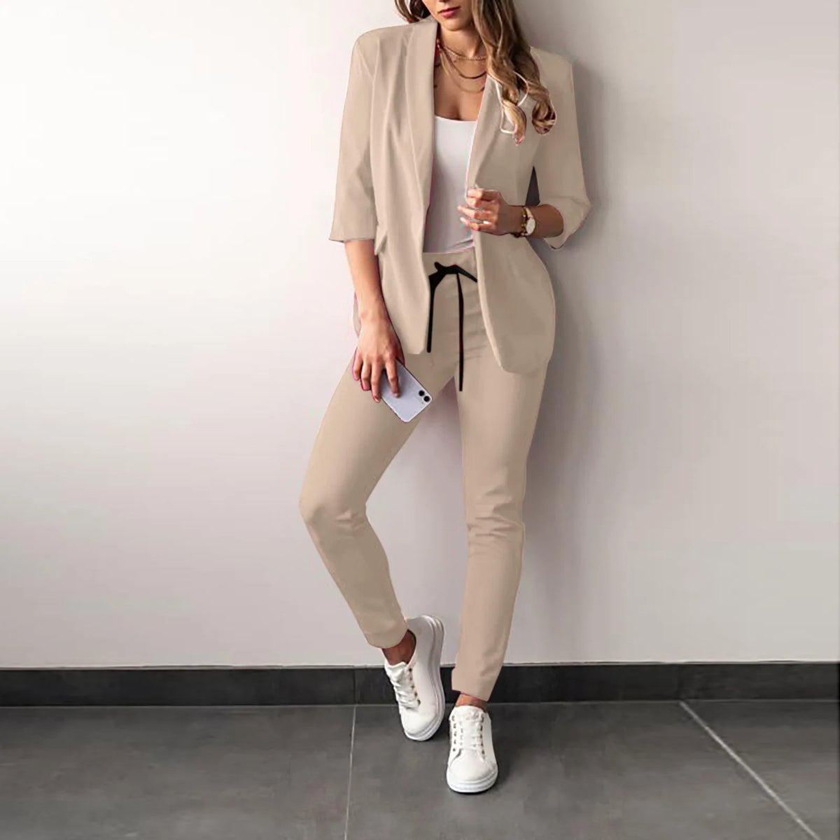 Women's Monochrome Drawstring Elastic-Waist Slit Suit Two-Piece