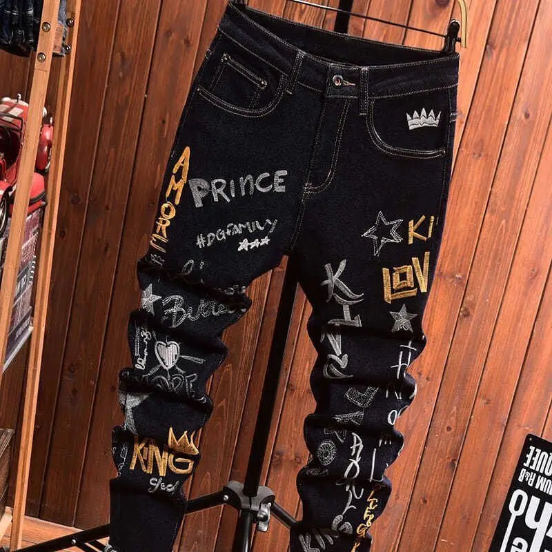 Men's Embroidery Badge Retro Cargo Black Denim Jeans