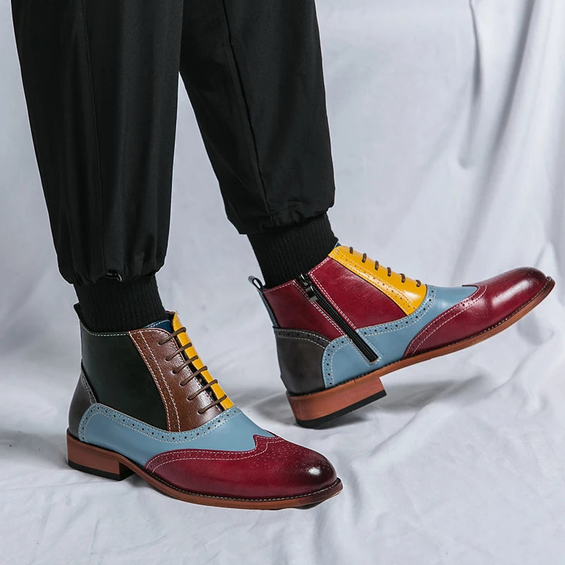 Men's Leather Pointed Color-Block Slip-On Outdoor Flat Boots 48