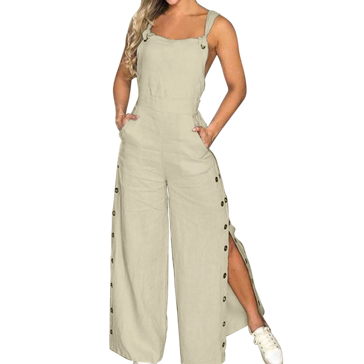 Women's Summer Sleeveless Cotton Linen Playsuits Strappy Side Button Opening Overalls Loose Long Wide Leg Pants Female Jumpsuits