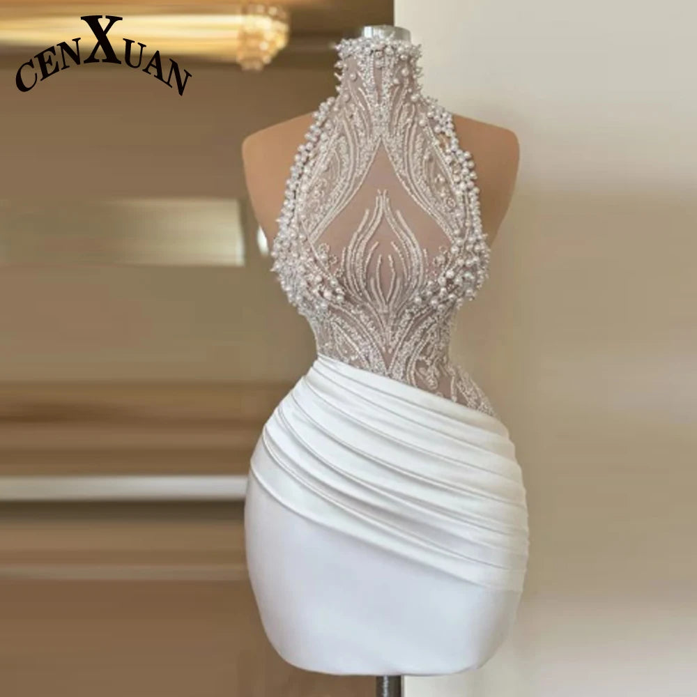 White Mini Prom Dresses Pearl Beaded Strap Elegant Sleeveless Short Evening Dress