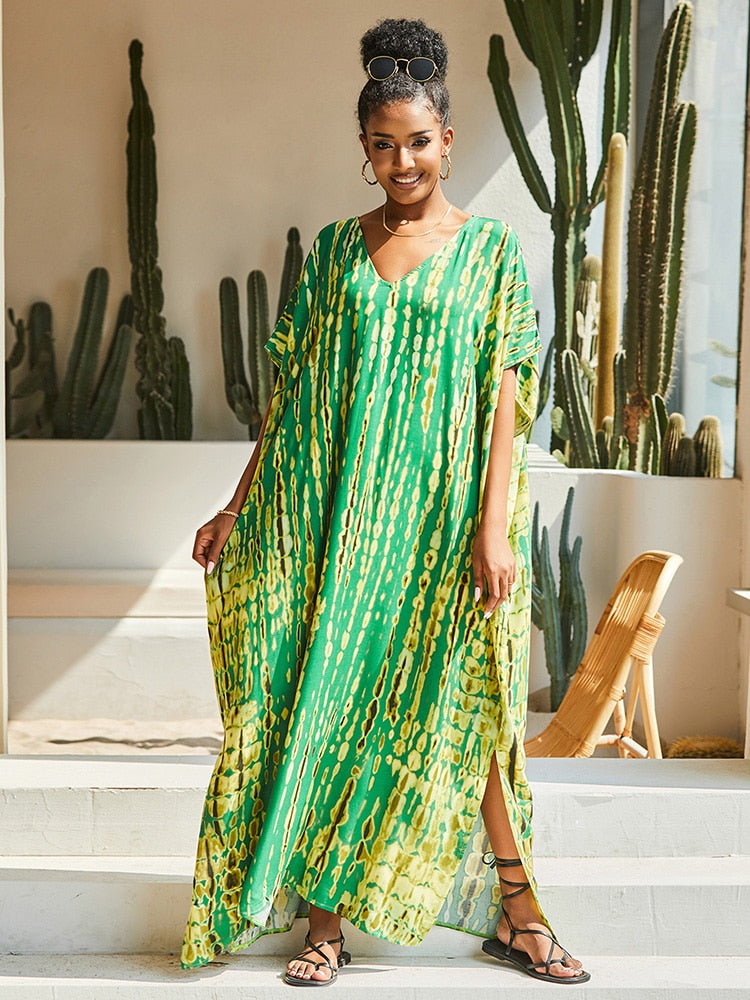Women's Bohemian Printed V-Neck Batwing Split Maxi Dress