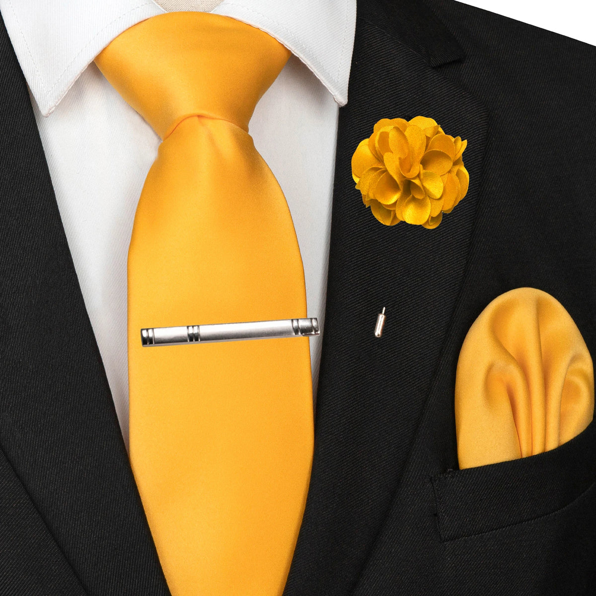 Men's Solid Color Tie Set with Lapel Pin and Pocket Square