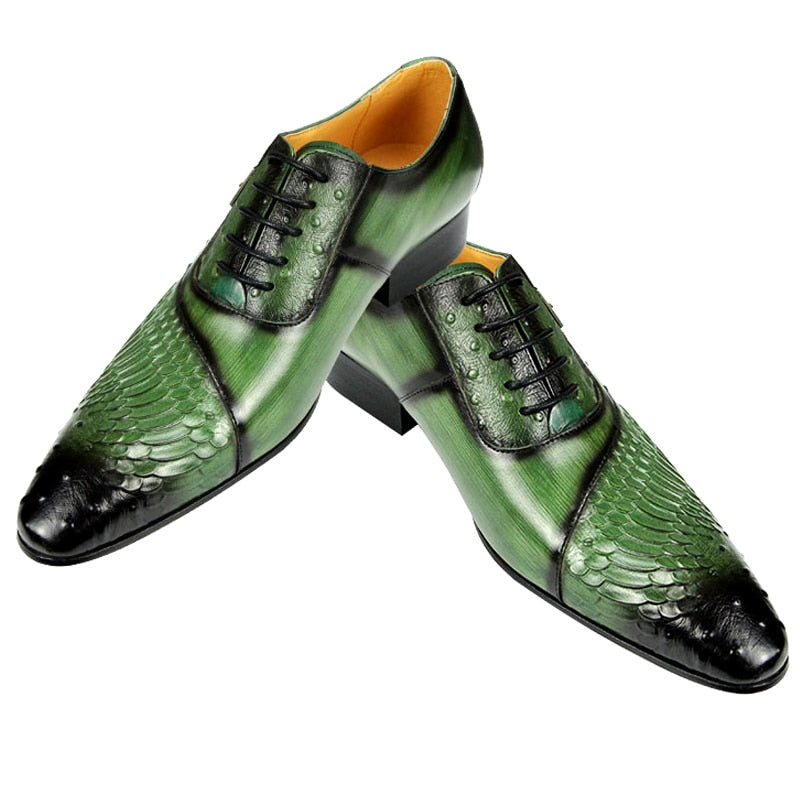 Men's British Carved Green Black Pointed Toe Lace-Up Oxford Shoes