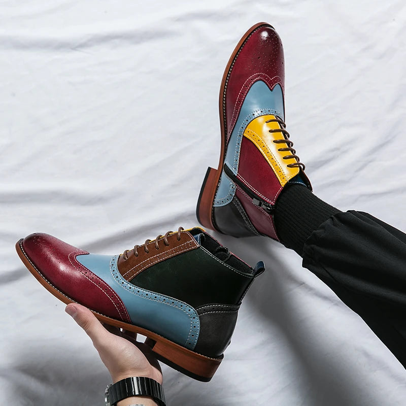 Men's Leather Pointed Color-Block Slip-On Outdoor Flat Boots 48