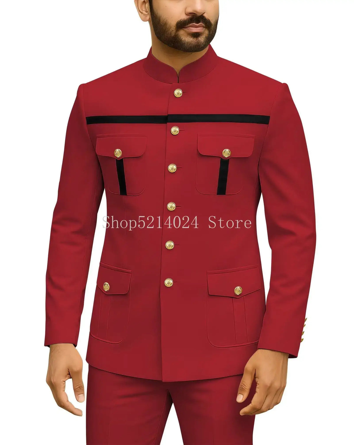 Mens Safari Suit 2 Piece Regular Fit Chinese Suit Stand Collar Gold Button Blazer Pants Set African Outfits