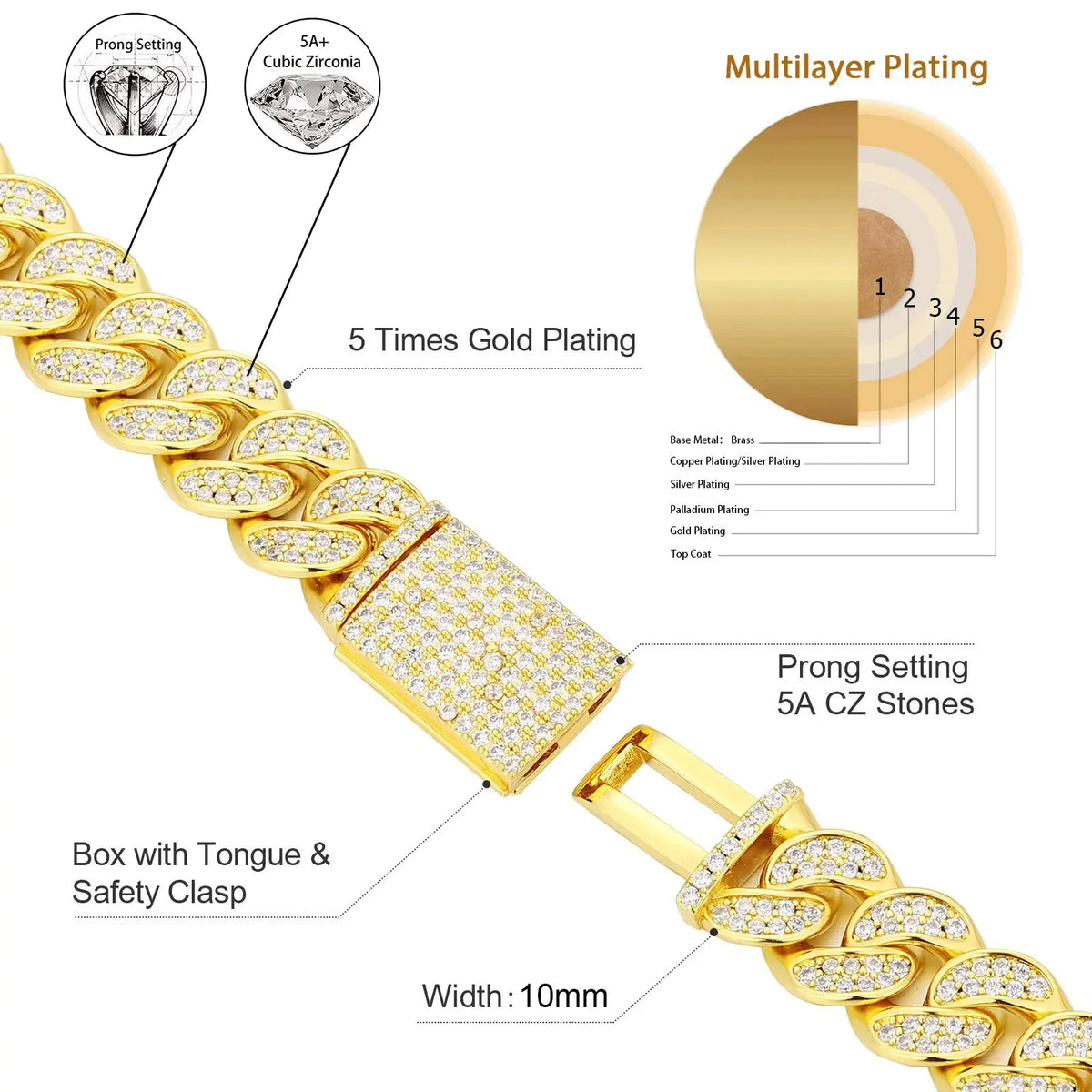 10mm CZ Stone cuban link chain Silver Gold Plated Iced Out Miami Cuban Chain Necklace for Men