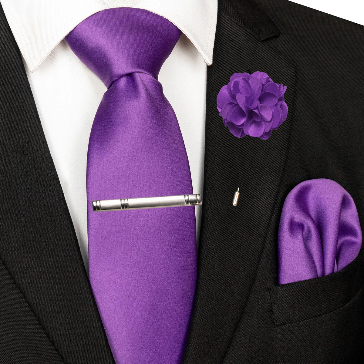 Men's Solid Color Tie Set with Lapel Pin and Pocket Square