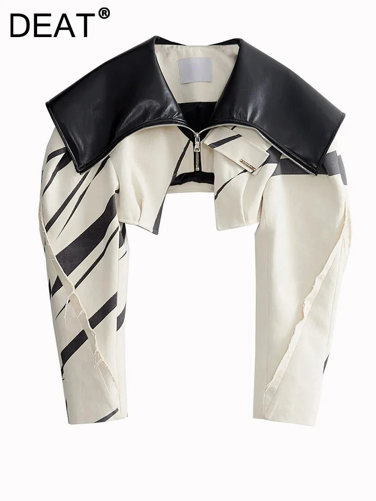 Women's Contrast Lapel Zipper Short Jacket Coat