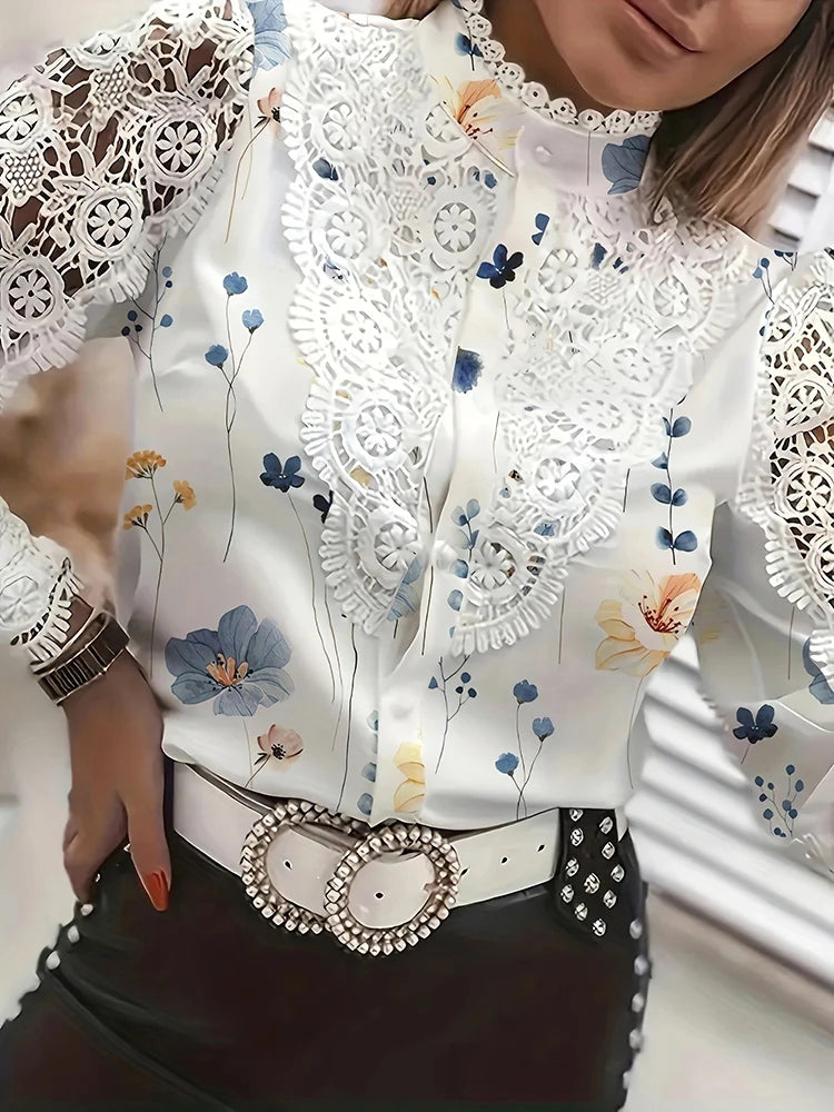 Women's White Collared Lace Patchwork Button-Up Blouse