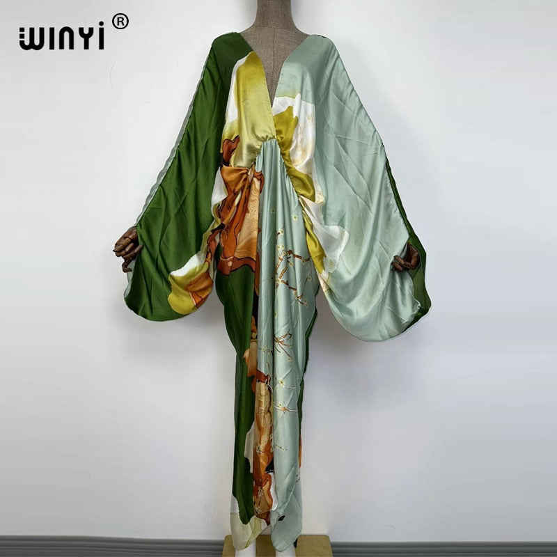 Women's Silk Rayon Print Bohemian V-Neck Beach Maxi Dress