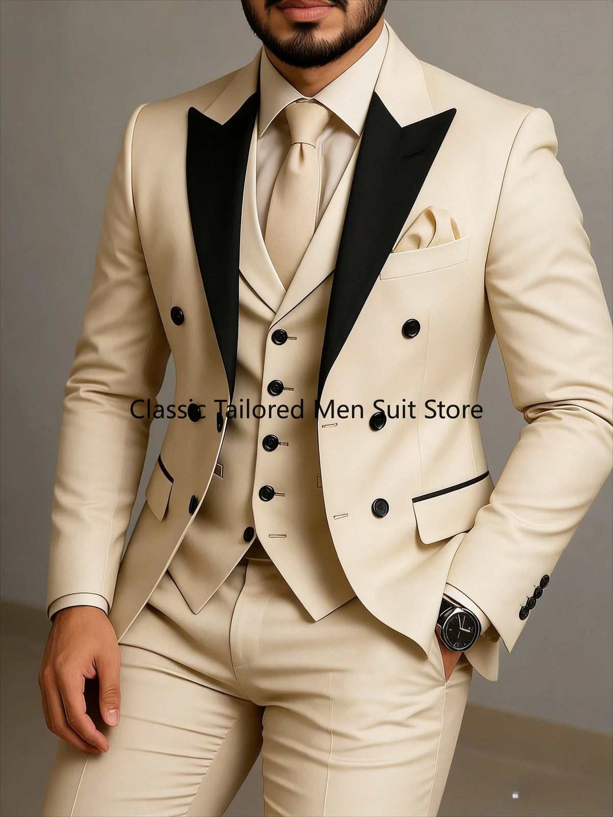 Beige Double Breasted Suit Black Lapel Slim Fit Wedding Suit