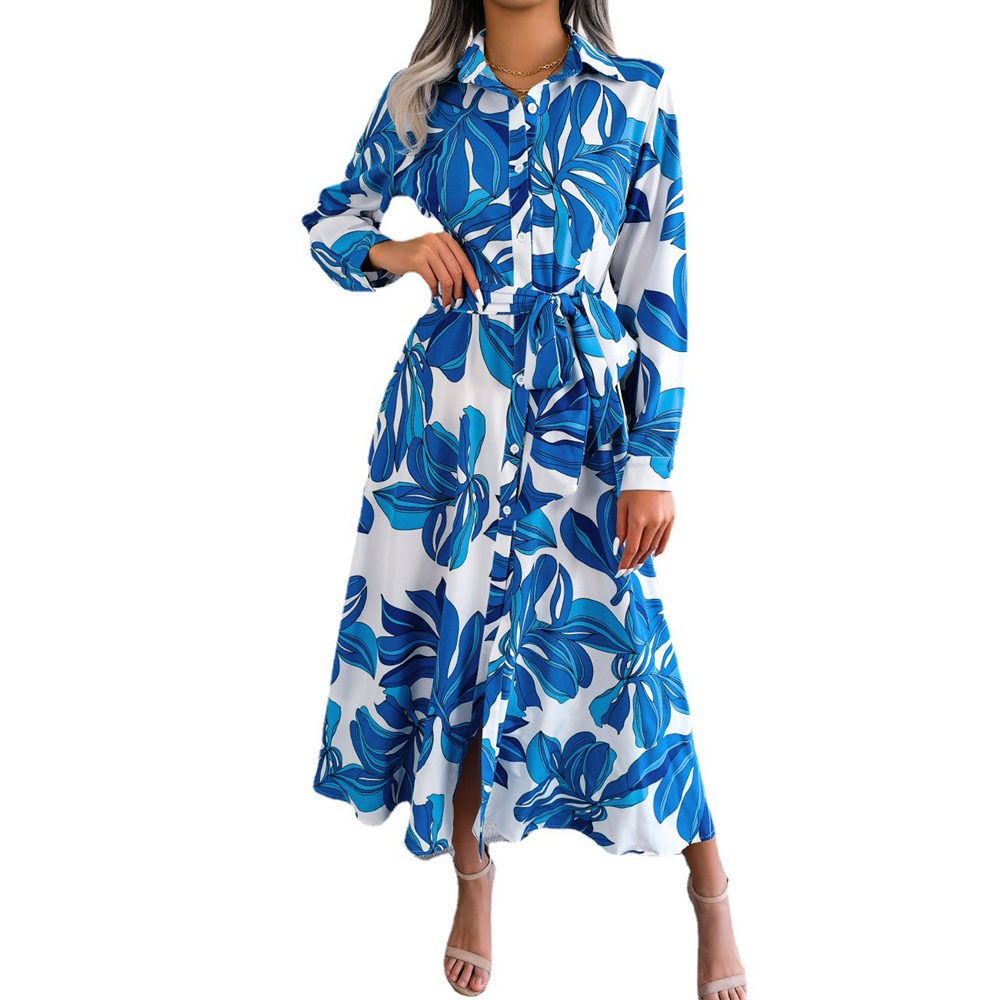 Women's Contrast Floral Polo Collar Lace-Up Shirt Dress