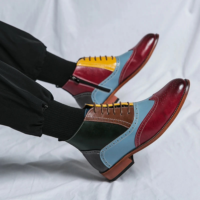Men's Leather Pointed Color-Block Slip-On Outdoor Flat Boots 48