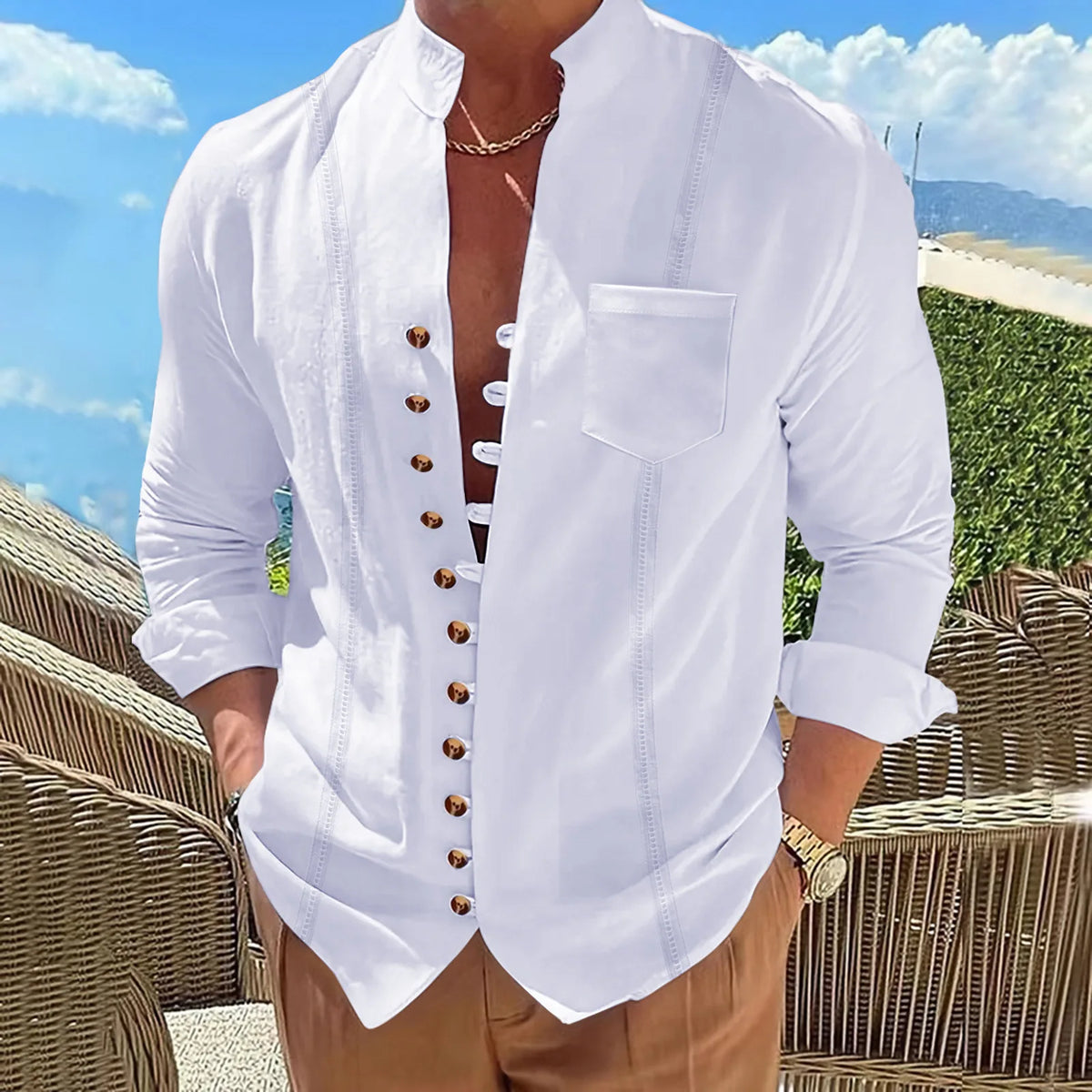 Men's Cotton Linen Stand Collar Long-Sleeve Striped Cardigan Shirt