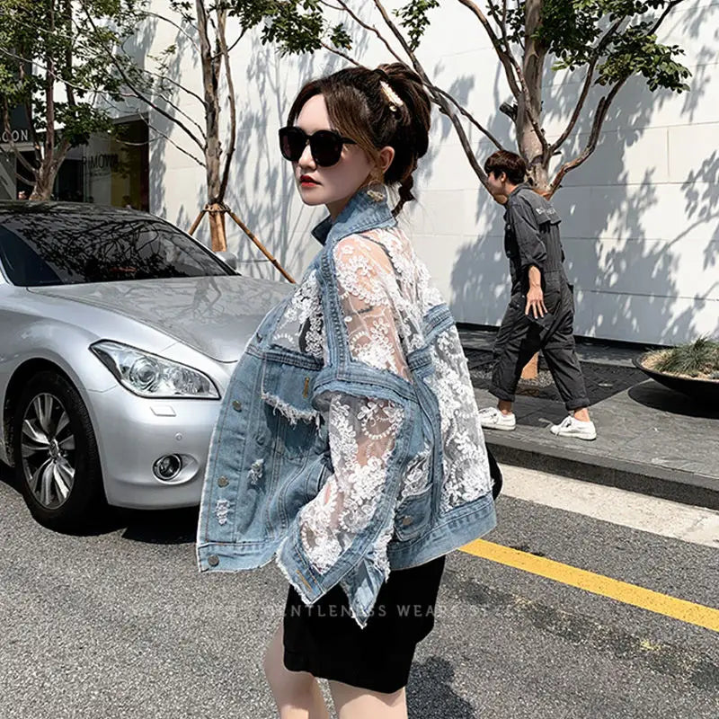 Mesh Embroidery Hole Denim Jacket Summer Lace Stitching Girlish Top