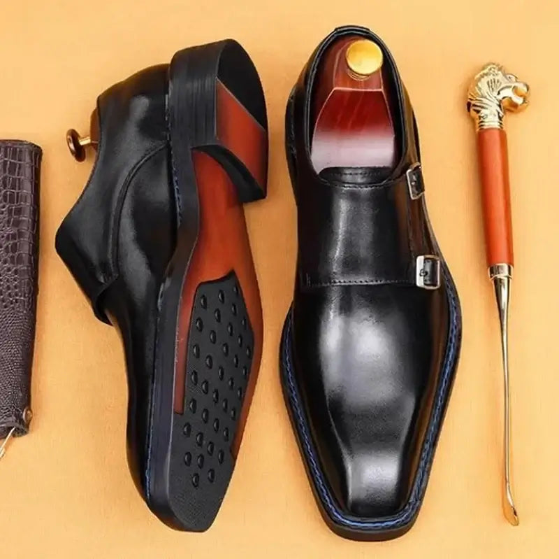 Men's Cowhide Square Toe Double Monk Strap Dress Shoes