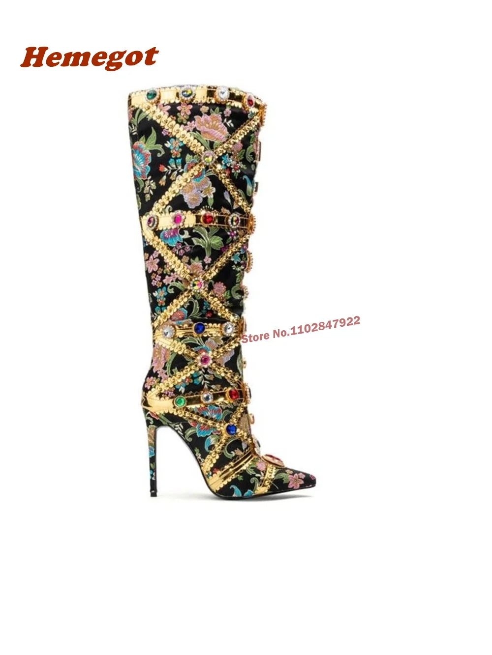 Women's Pointed Toe Rhinestone Gold Knee-High Heeled Boots
