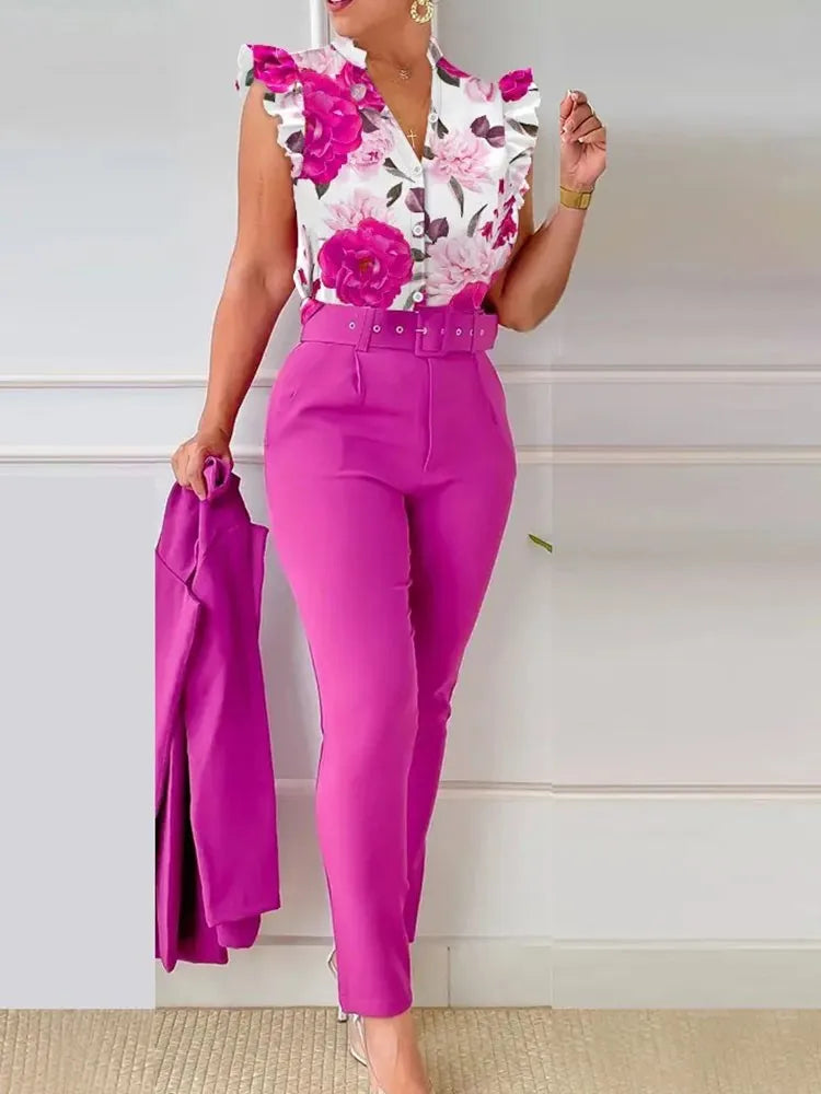Women's Printed Sleeveless Shirt and Belted Pants Office Set