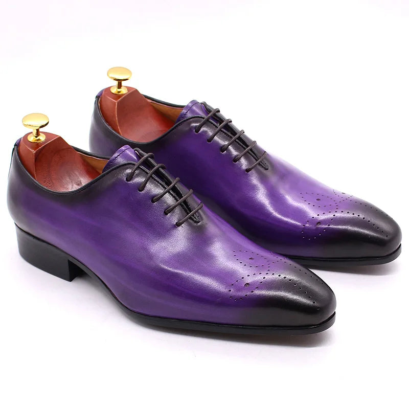 Men's Italian Genuine Leather Blue Purple Oxford Dress Shoes