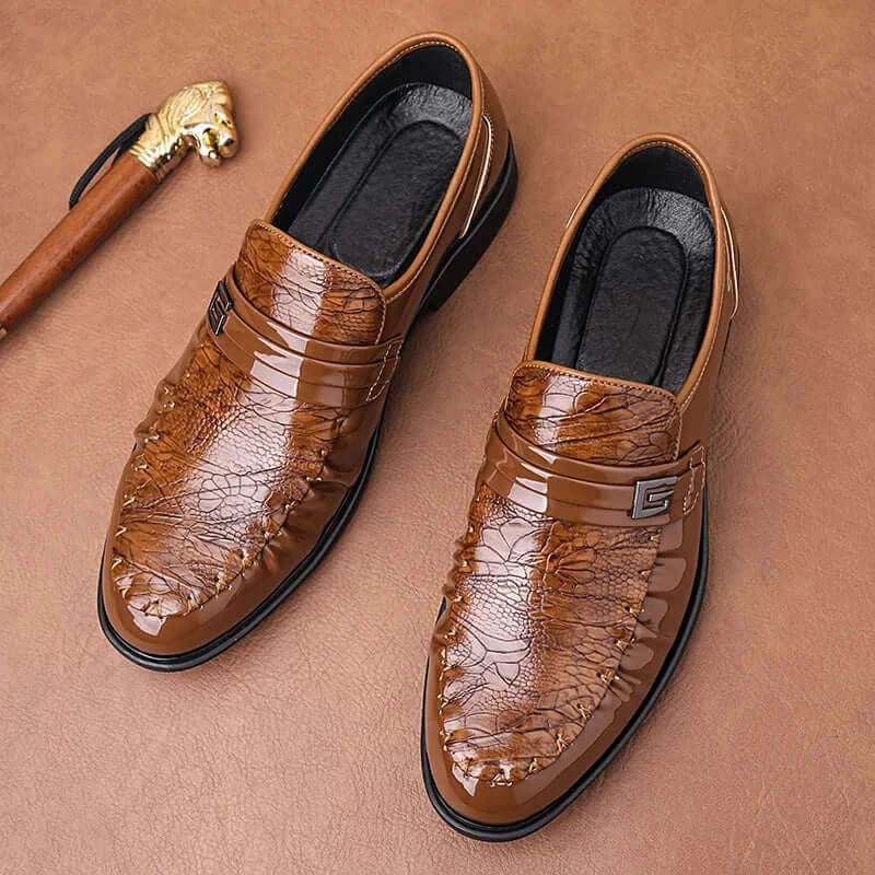 Men's Brown Crocodile Patent Leather Slip-On Loafer Oxfords