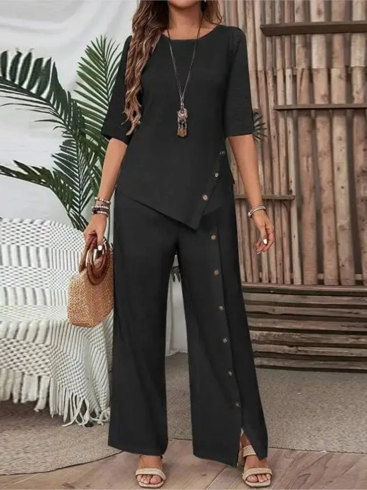 Women's Button Short-Sleeve Shirt and Loose Trousers Two-Piece Set