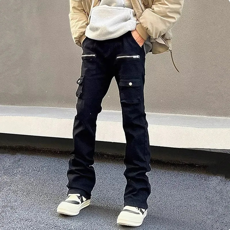 Men's Black Flared Zipper Cargo Jeans