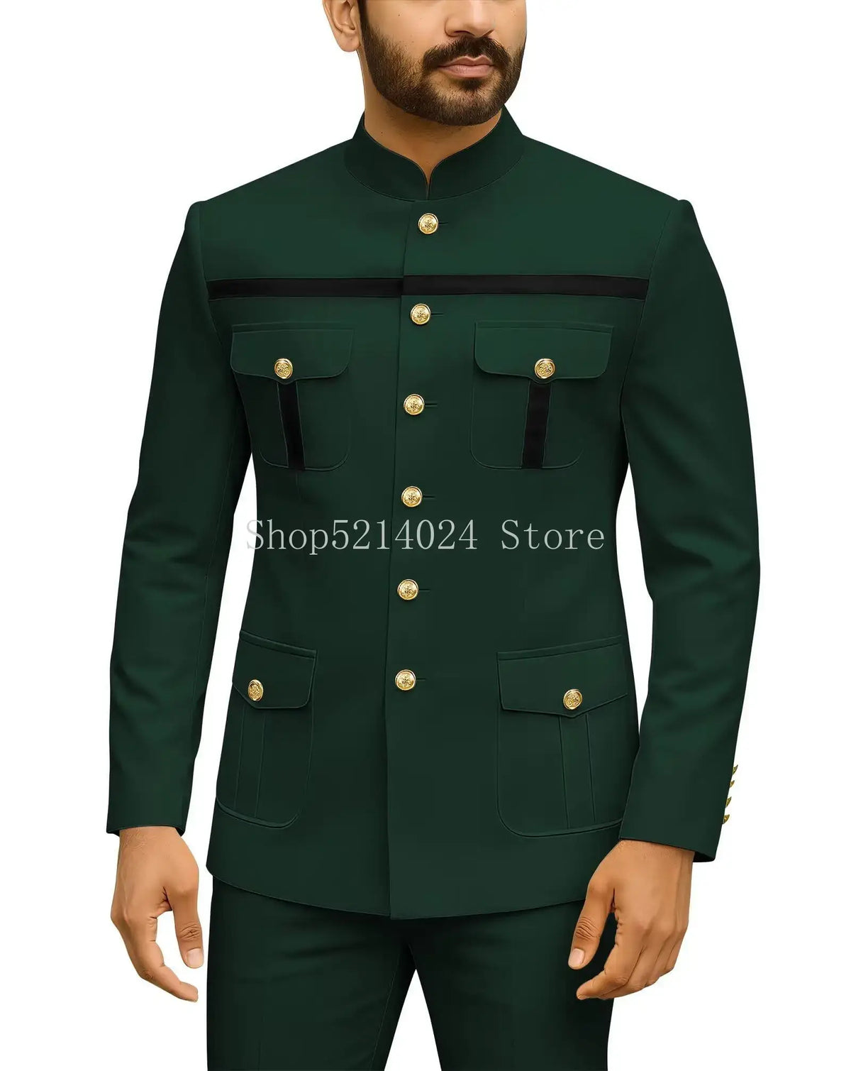 Mens Safari Suit 2 Piece Regular Fit Chinese Suit Stand Collar Gold Button Blazer Pants Set African Outfits