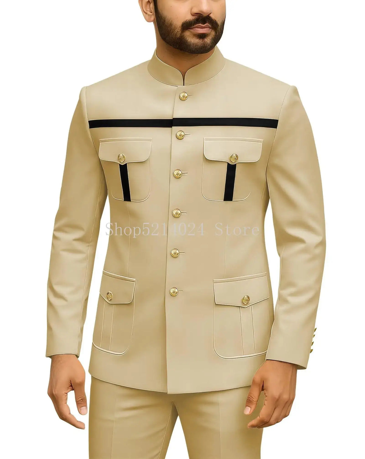 Mens Safari Suit 2 Piece Regular Fit Chinese Suit Stand Collar Gold Button Blazer Pants Set African Outfits