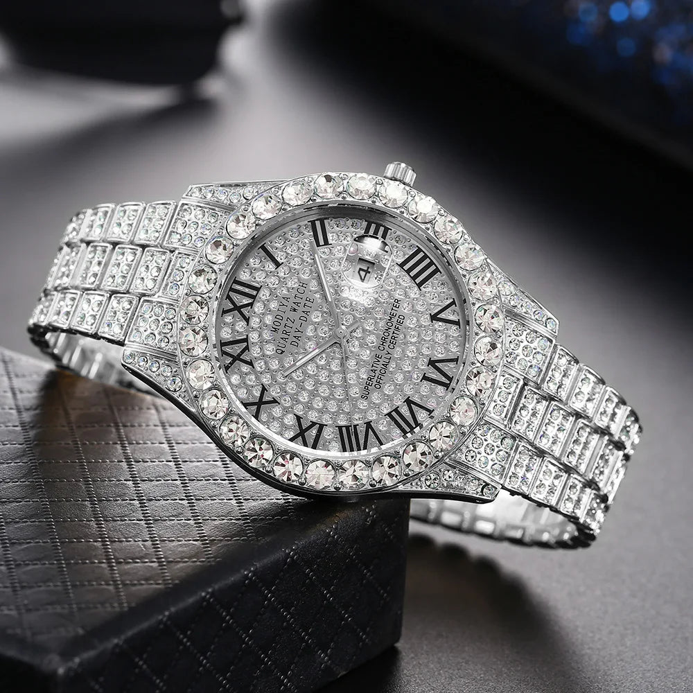 Men's Gold Steel Strap Roman Rhinestone Calendar Quartz Watch