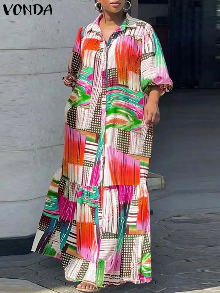 Women's Plus-Size 5XL Bohemian Printed Long Sleeve Vintage Maxi Dress