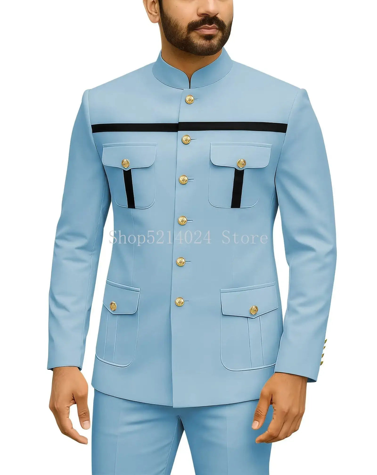 Mens Safari Suit 2 Piece Regular Fit Chinese Suit Stand Collar Gold Button Blazer Pants Set African Outfits
