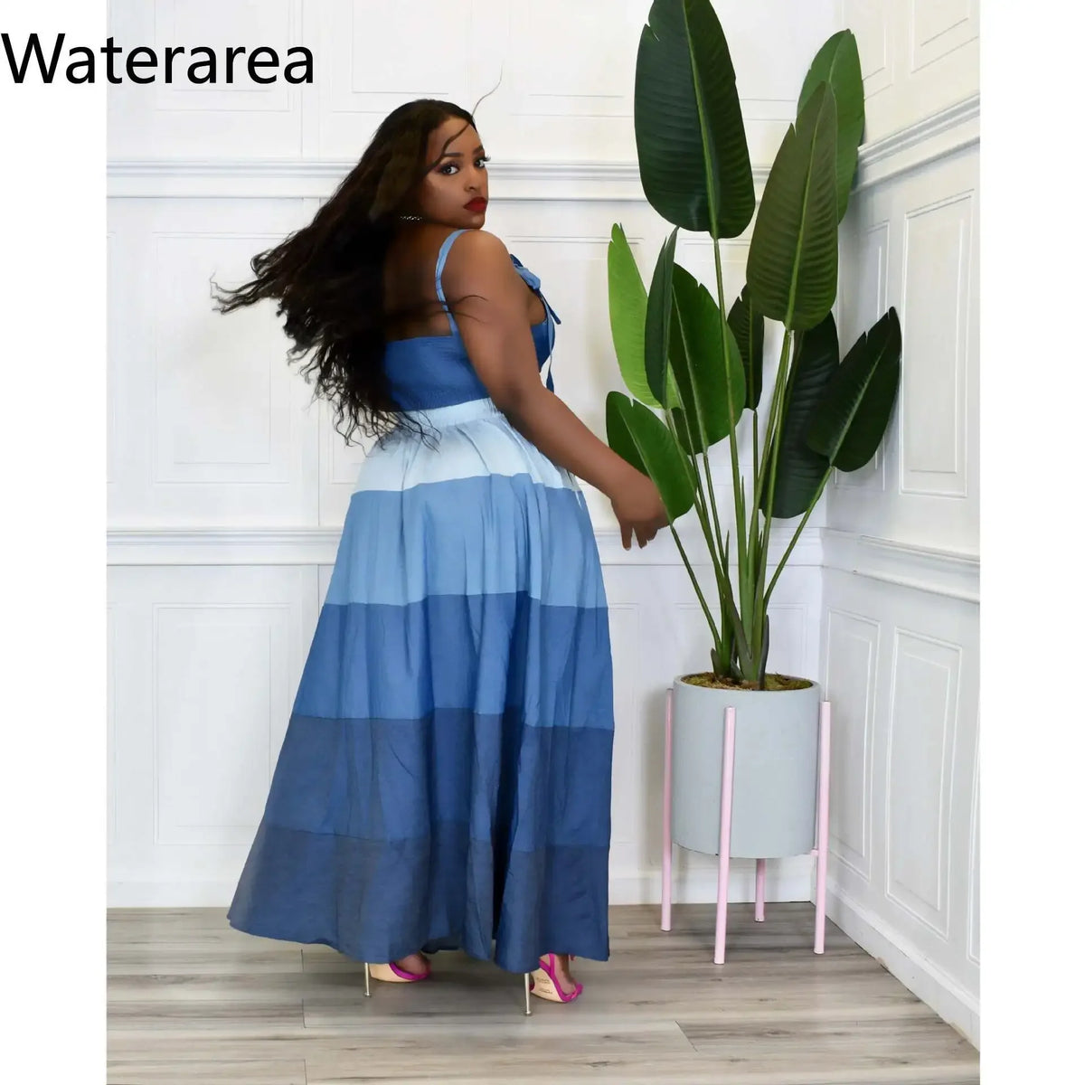 Women's Plus-Size Blue Striped Crop Top and Swing Skirt Two-Piece Set
