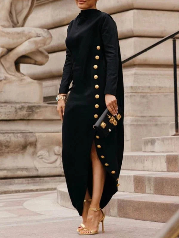 Yeezzi Women's Fashion Buttoned Split-Side High Neck Black Dress New Long Sleeves Loose Urban Office Commute Maxi Dresses