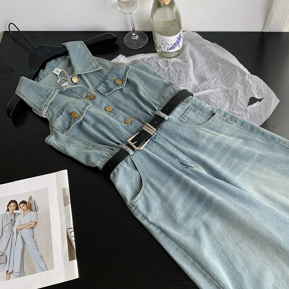 Women's Polo-Neck Sleeveless Denim Wide-Leg Jumpsuit
