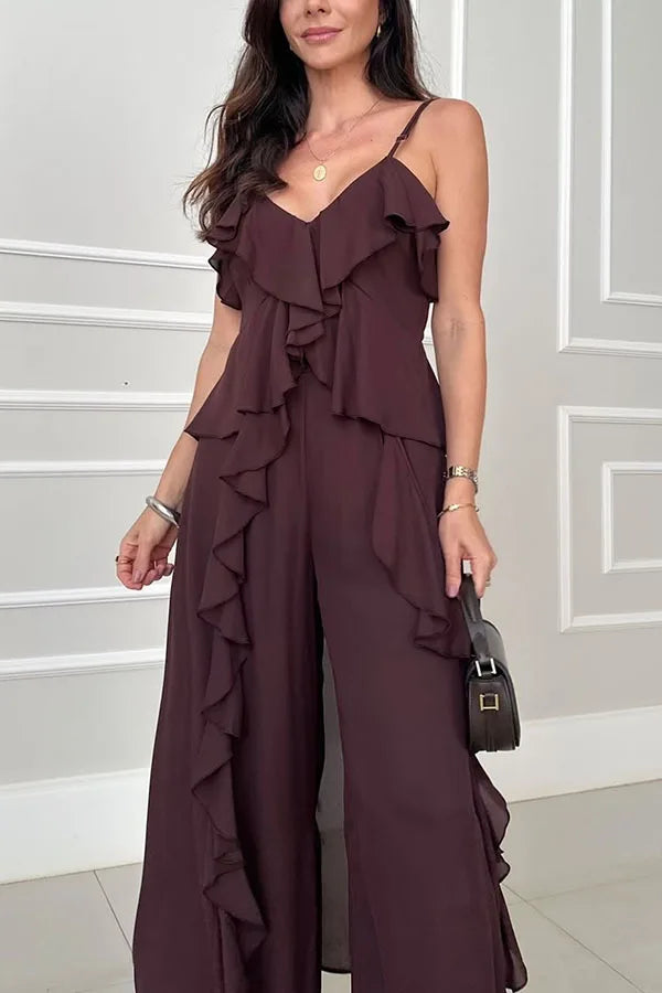 Women's Chiffon V-Neck Ruffle Top and Straight Pants Set
