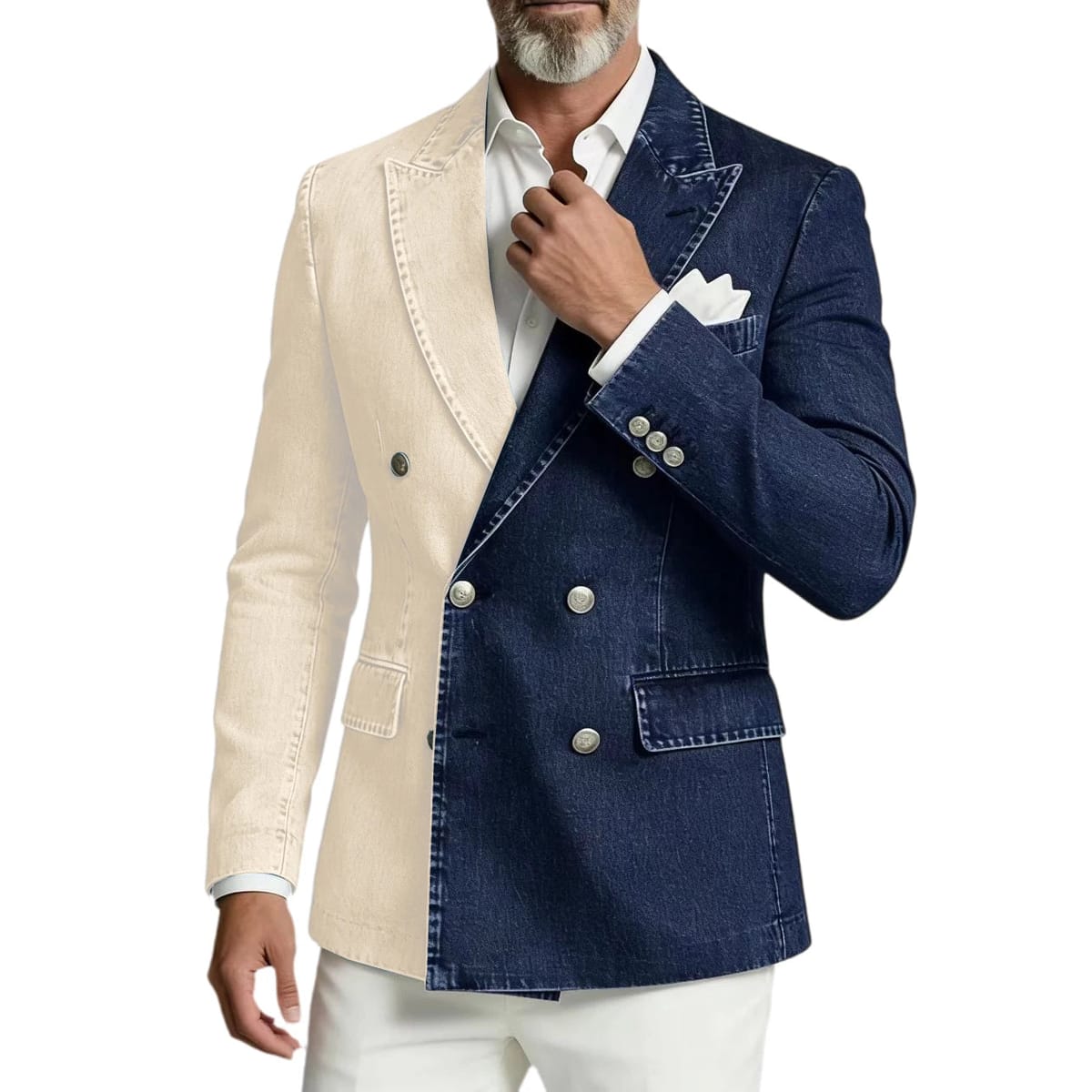 Men's Spliced Denim Peak Lapel Double-Breasted Blazer