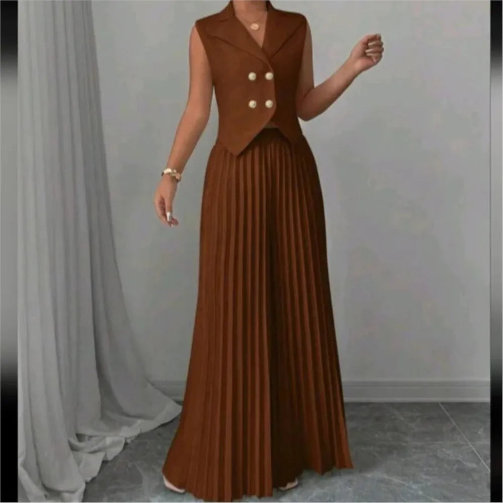 Women's Solid Lapel Sleeveless Top and Trousers Two-Piece Set