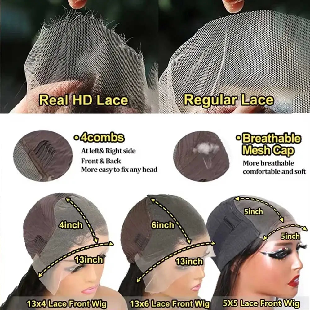 Comparison of Real HD Lace vs Regular Lace, features combs and breathable mesh cap for comfort.