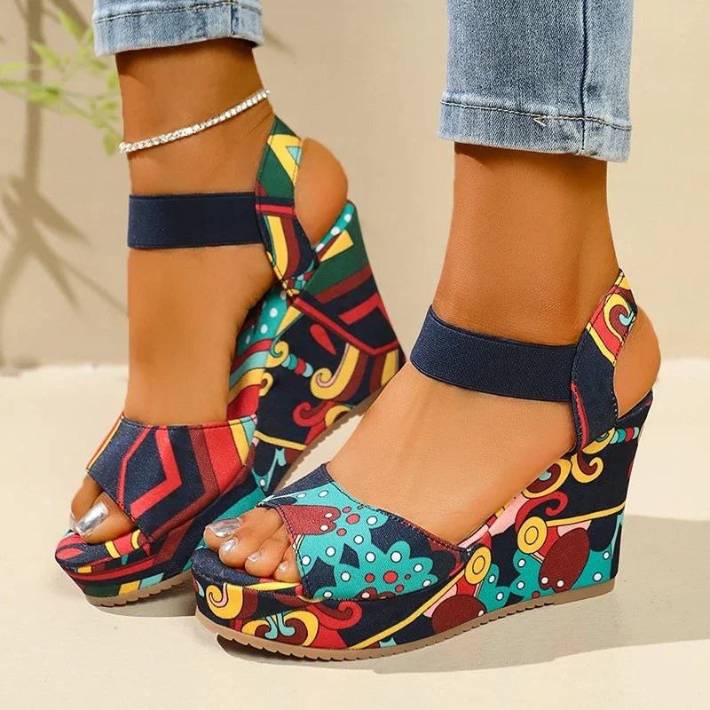Women's Retro Ethnic Print Platform Wedge Sandals