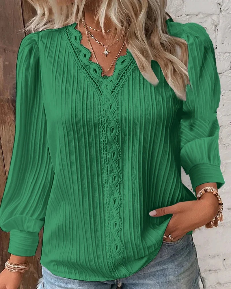 Women's Hollow Lace Patchwork V-Neck Long Sleeve Blouse