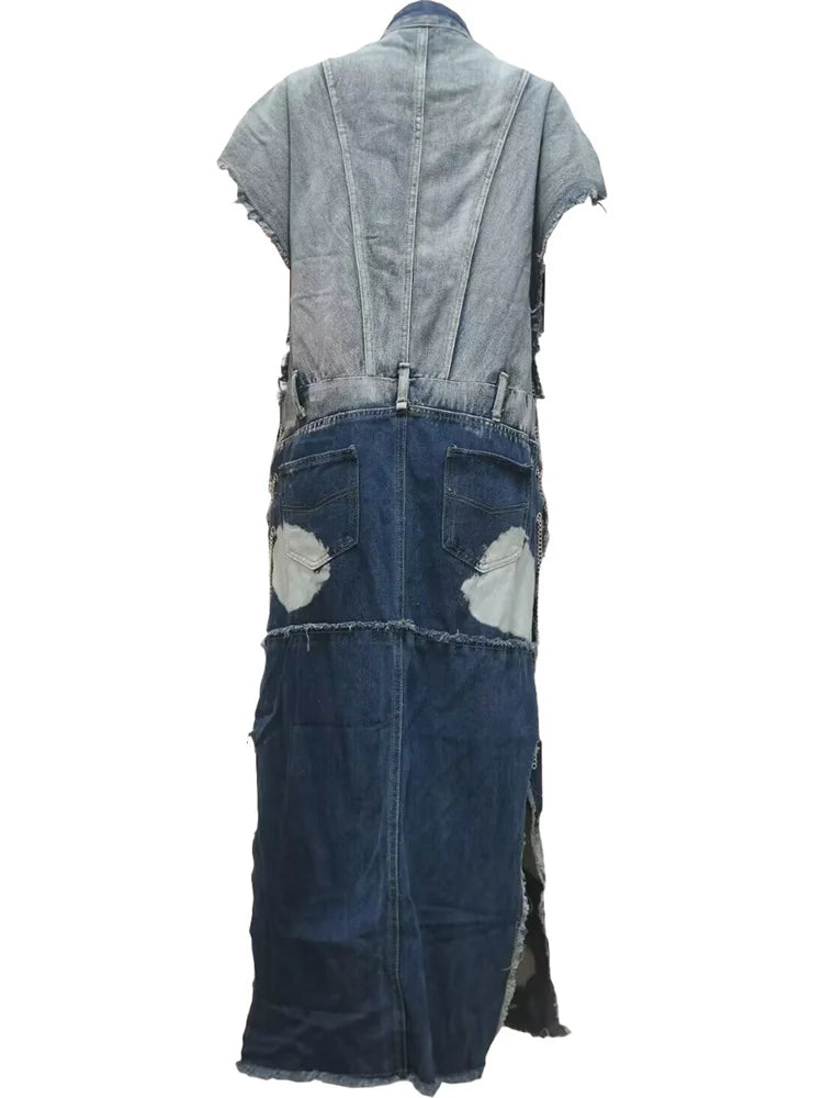 Women's Long Denim Trench Jacket with Pockets, Street Outerwear