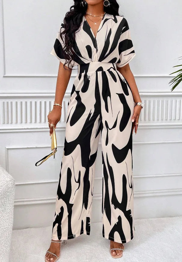 Women's V-Neck Short-Sleeve Printed Wide-Leg Jumpsuit
