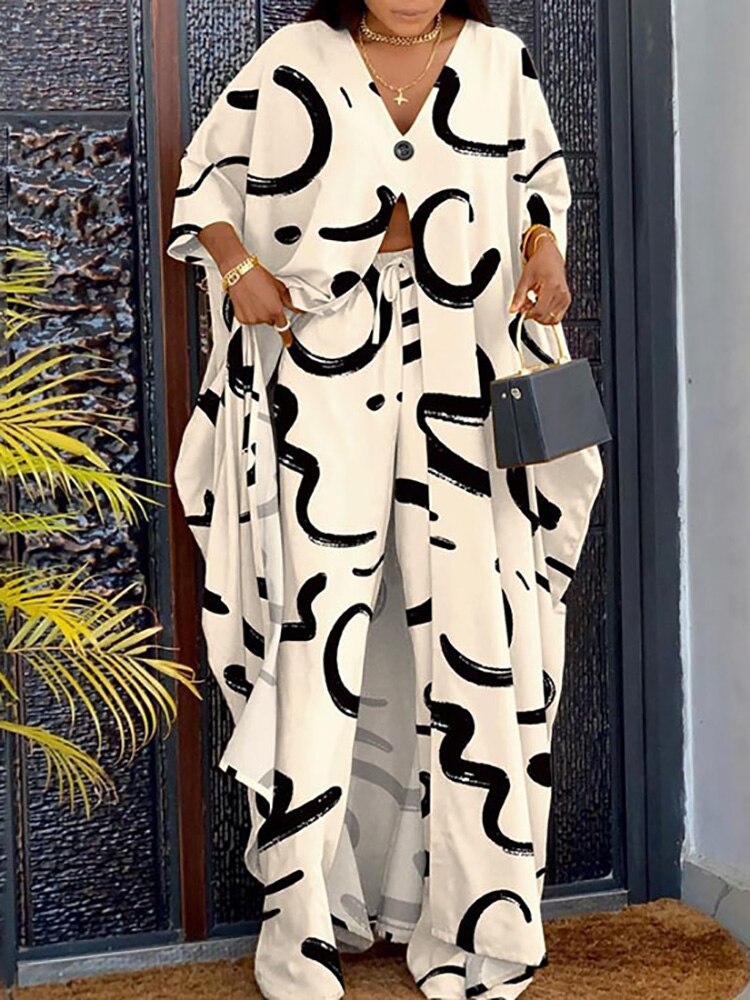 Women's Printed Elastic Waist Top and Pants Two-Piece Set