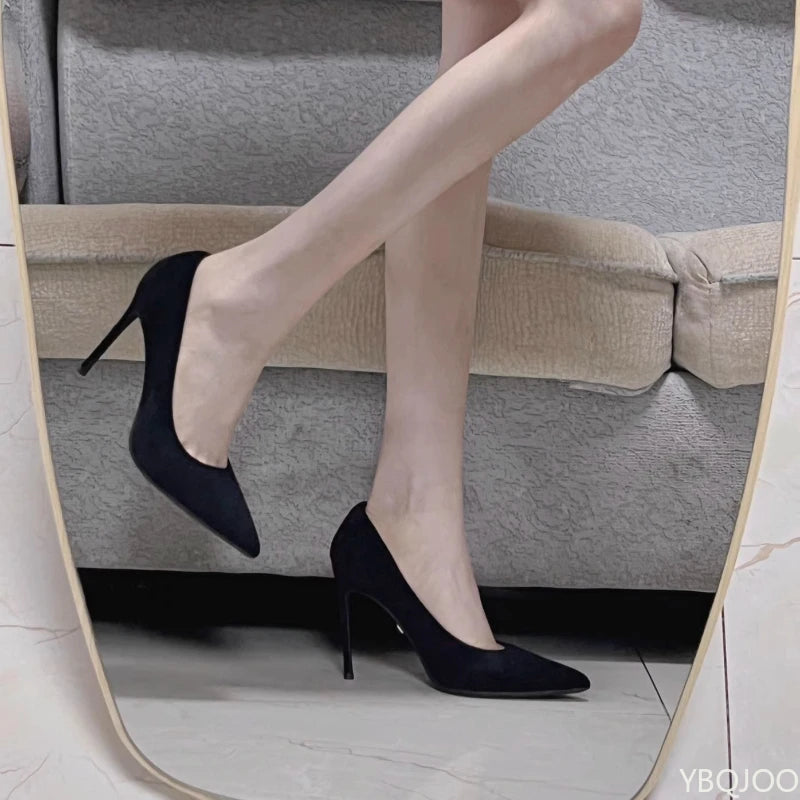 Women's Black Pointed Suede High Heel Pumps
