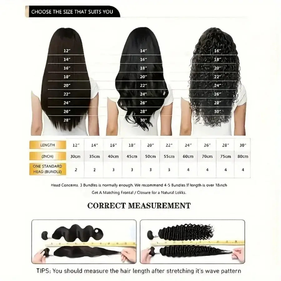 Choose the size for 200% Deep Wave Lace Front Wig Human Hair, showing measurements and hair lengths for various styles.