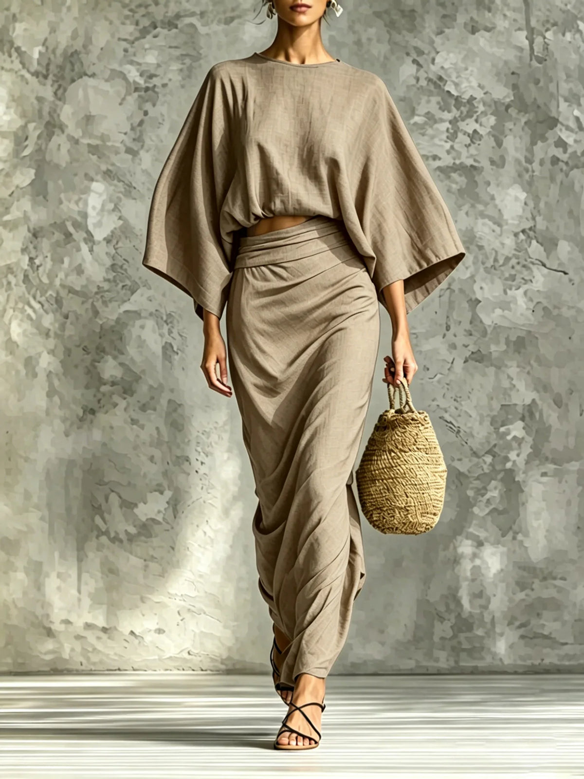 Two-Piece Woman High-Waist Chic Dress Set, Round Neck Three-Quarter Sleeve Short Top and Skirt Set