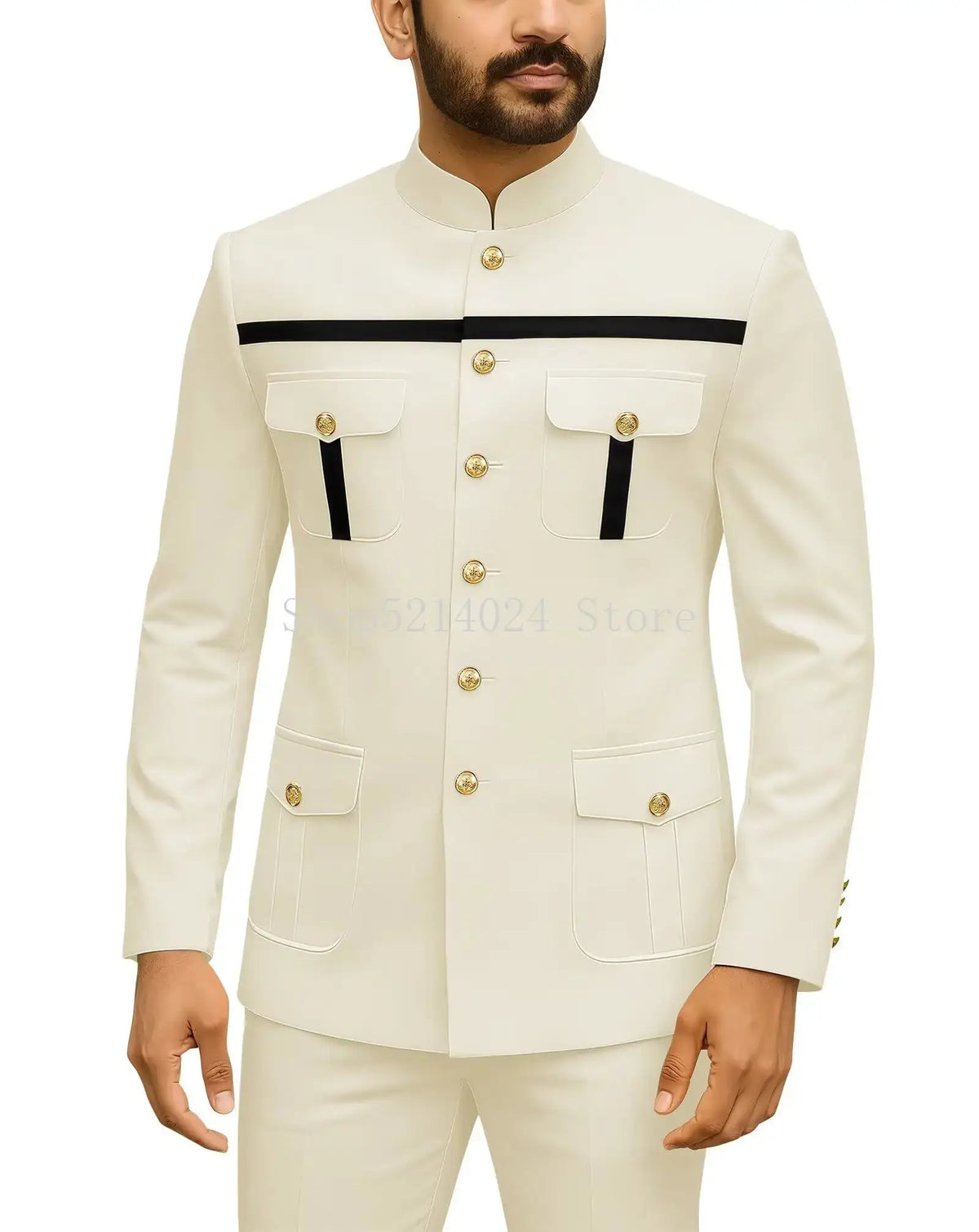 Mens Safari Suit 2 Piece Regular Fit Chinese Suit Stand Collar Gold Button Blazer Pants Set African Outfits