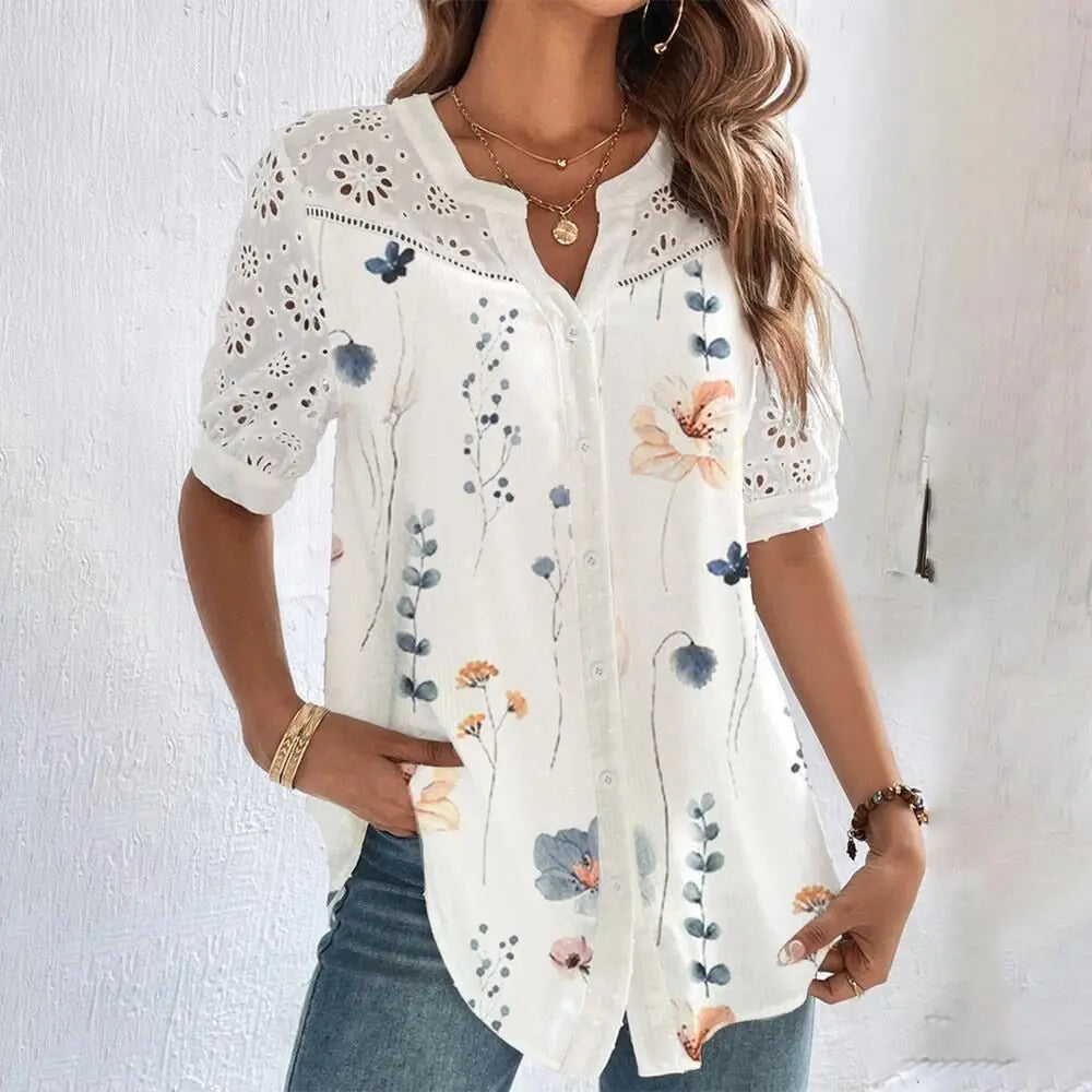 Women's Casual Loose Short-Sleeve Lace Shirt, Elegant Holiday Blouse